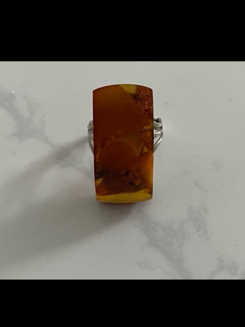 Vintage Soviet Honey  Amber Rectangular Ring On Metal Setting Size 7